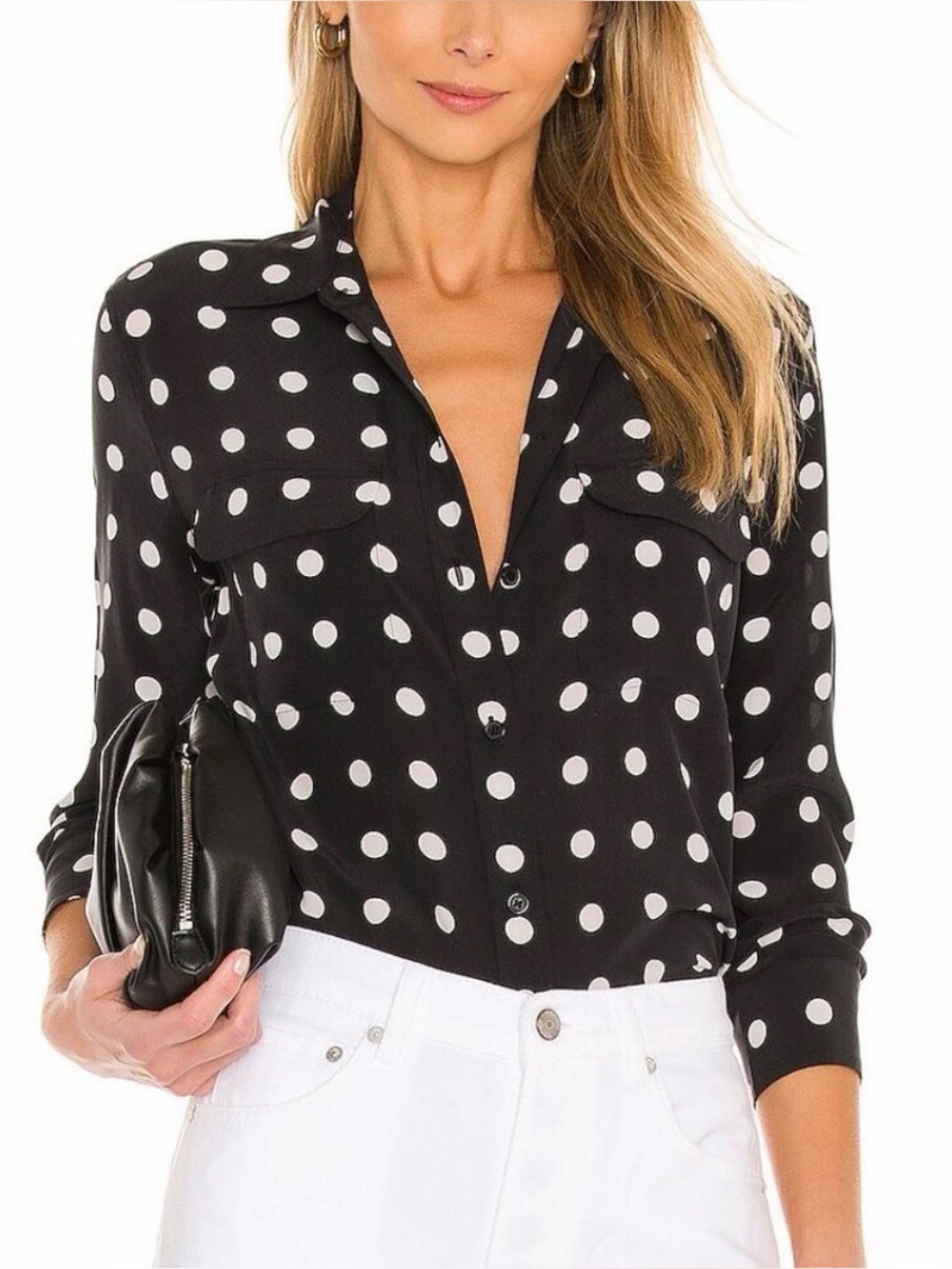 Black Polka Dot Button-Down Blouse 100% silk